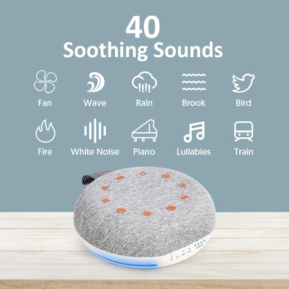 White Noise Machine, Portable Sound Machine with 40 Soothing Sounds, USB Rechargeable, Sleep Sound Timer & Night Light for Baby Kids Adults