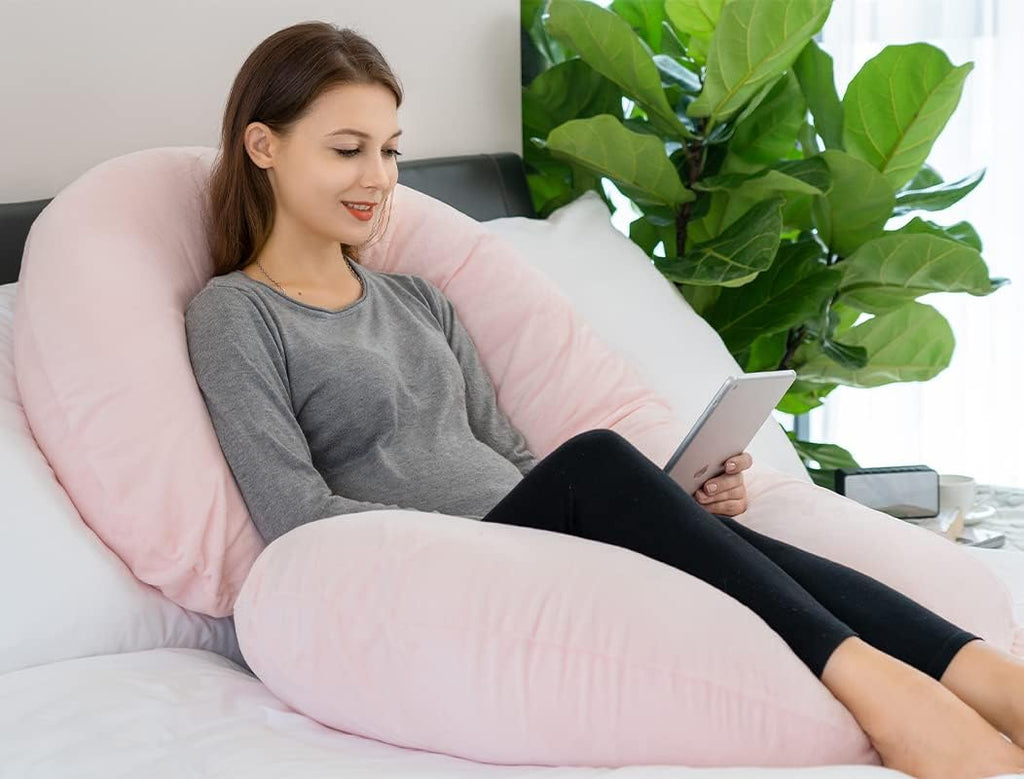 INSEN Pregnancy Pillow, Maternity Body Pillow with Velvet Cover, C Shaped Body Pillow for Sleeping, Warm Pink