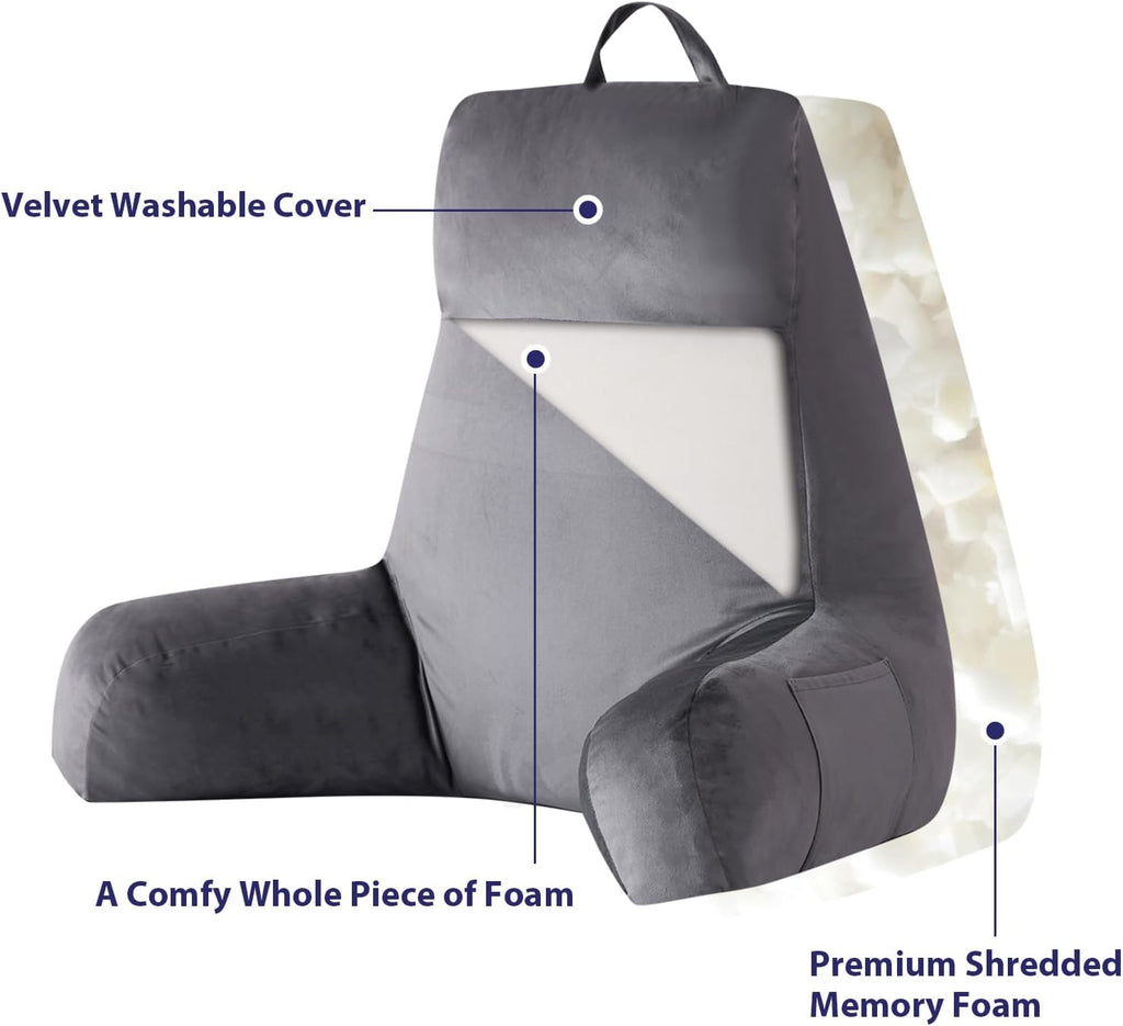 Ipynbap Reading Pillow with Arms for Adult, Back Pillow for Bed Sitting Up, Shredded Memory Foam Backrest Pillow with Pockets & Removable W…
