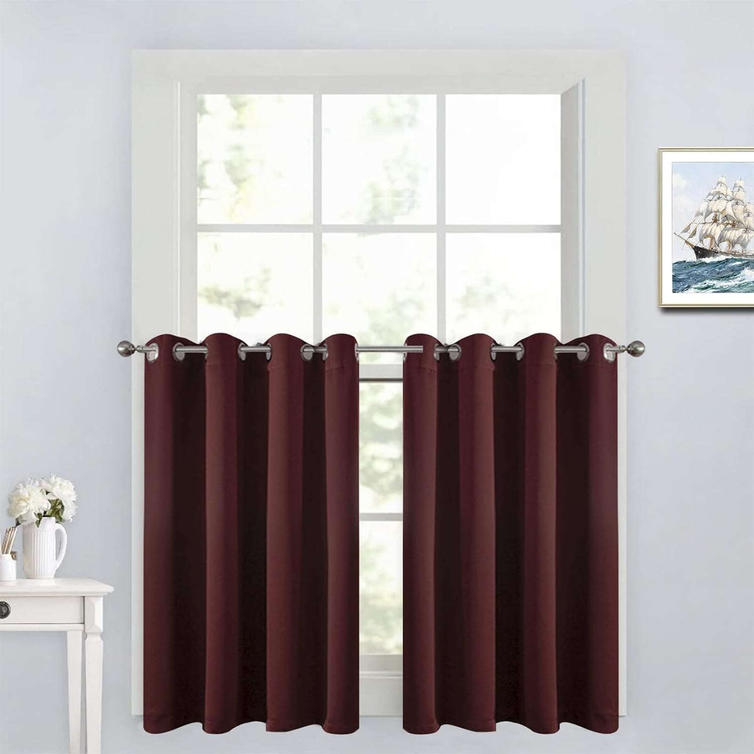 Yakamok 36 Inch Blackout Curtains for Kitchen, Grommet Sunlight Block Energy Saving Window Drapes for Bedroom Bathroom, Burgundy Red…