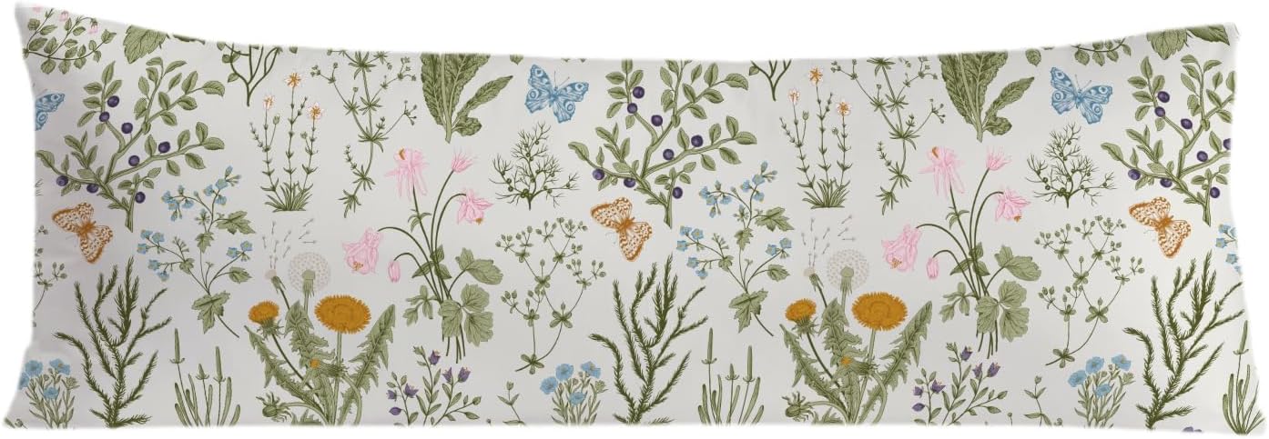 Vintage Floral Botanical 20x54 Body Pillow Cover, Cottagecore Room Decor, Rustic Cottagecore Wildflower Plant Decorative Long Body Pillow…