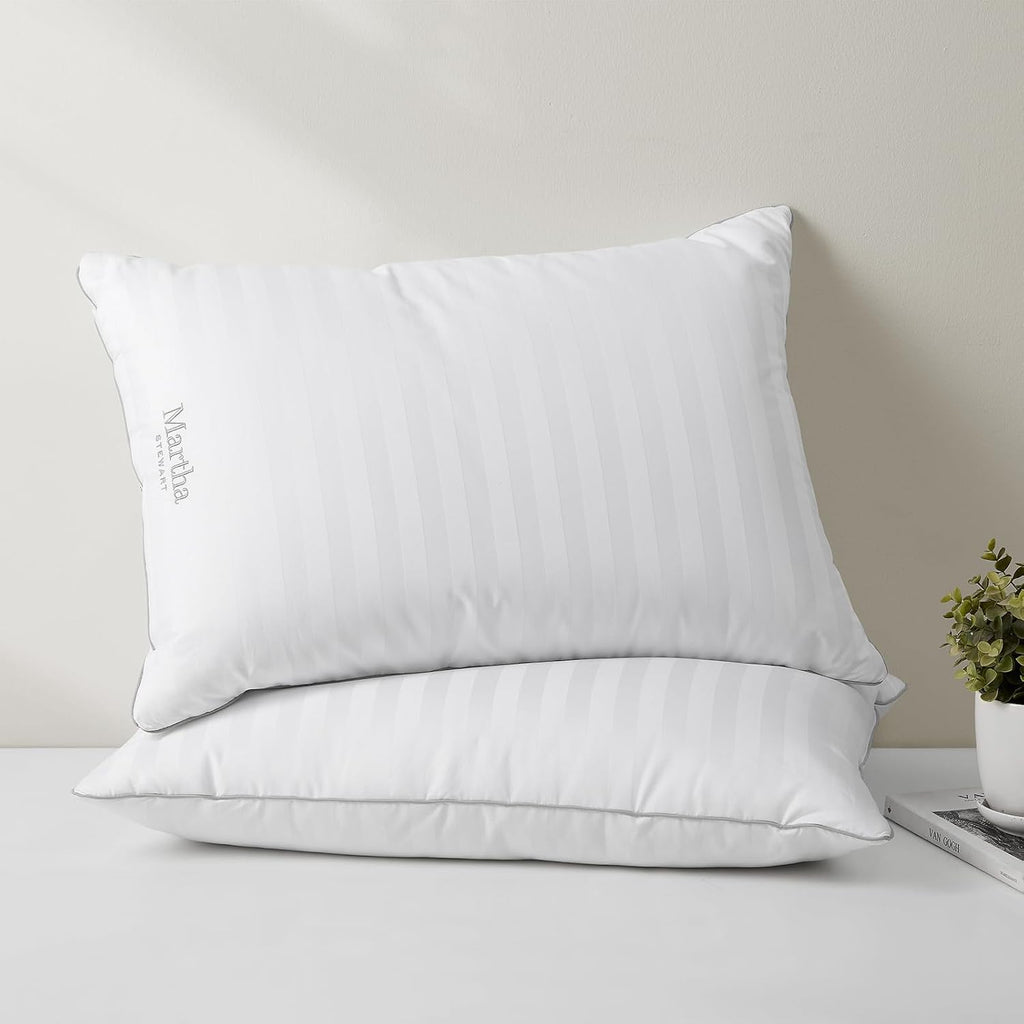 Martha Stewart Feather Down Pillow, Medium Soft, Queen | 100% Cotton | 500 Thread Count | Damask Stripe | Set of 2, Pack of 3