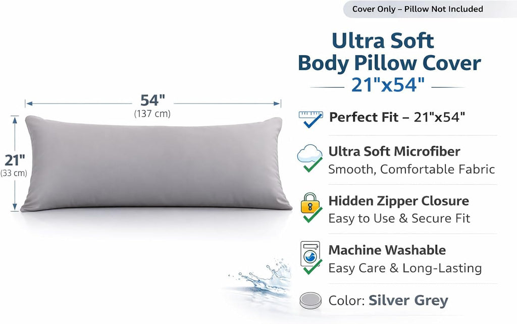EVOLIVE Body Pillow Cover 21"x54", Ultra Soft Microfiber Pillowcase with Hidden Zipper, Breathable, Machine Washable, for Pregnancy &…