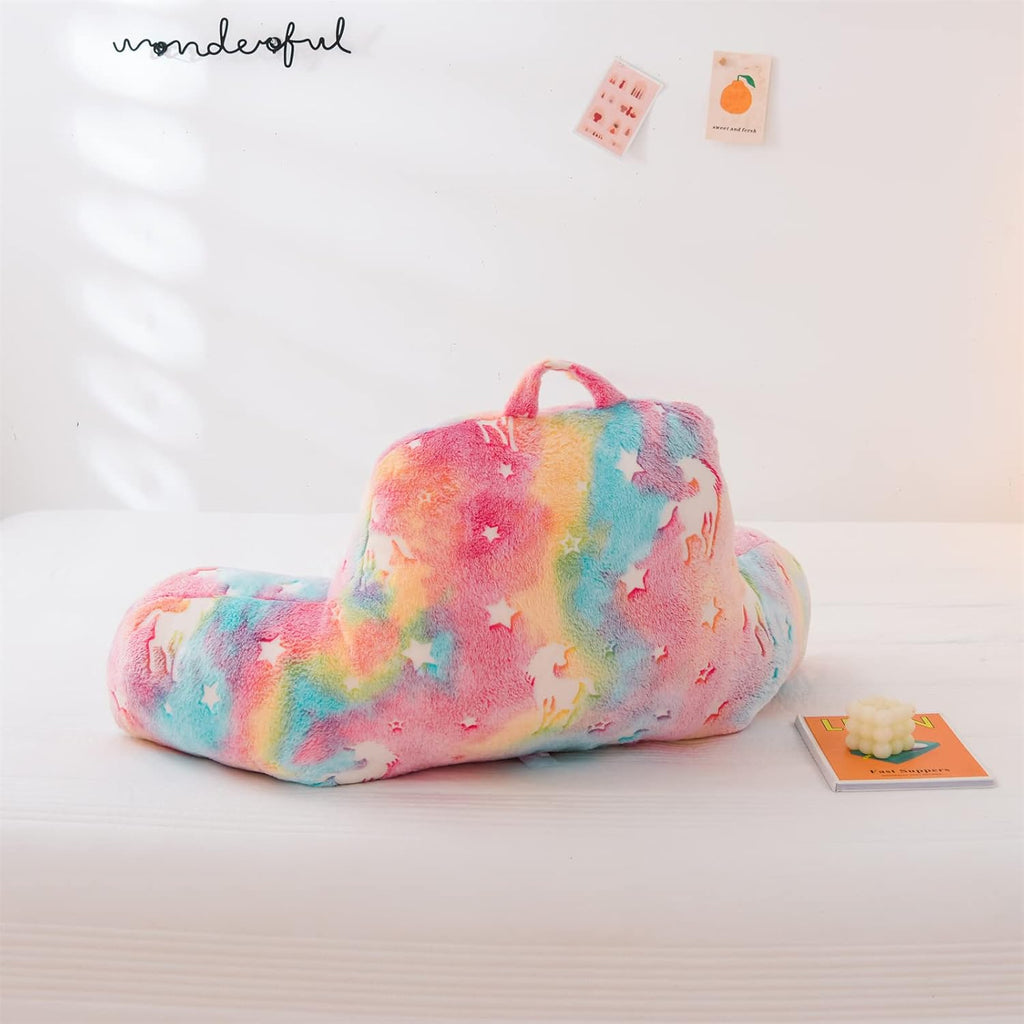 Aimuan Reading Pillow Glow in The Dark Bed Rest Wedge Kids Glow Backrest Pillow Unicorn Print with Arms Back Support for Sitting Up in…