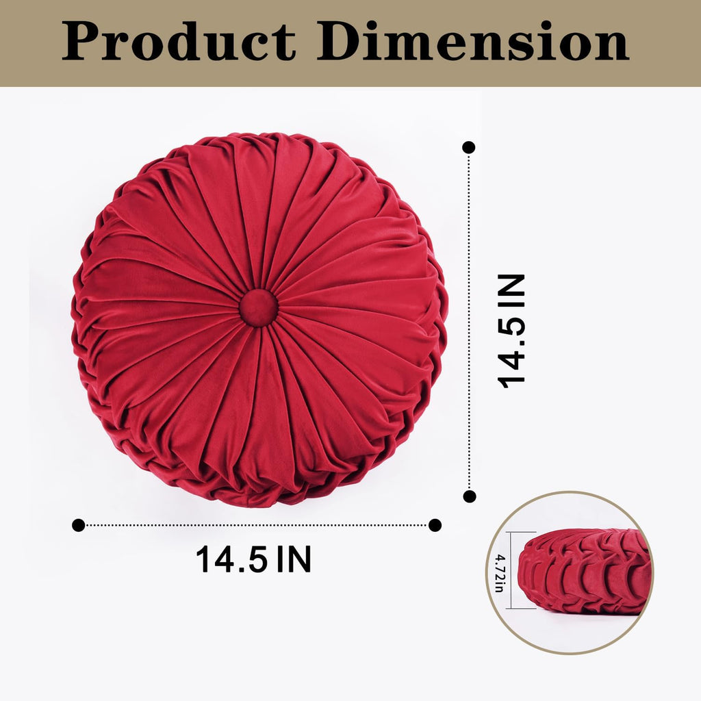 HIG Set of 2 Red Ruched Velvet Round Throw Pillows – 14.5’’ Decorative Pillows with Soft Polyester Filling for Couch, Bed, Living Room…
