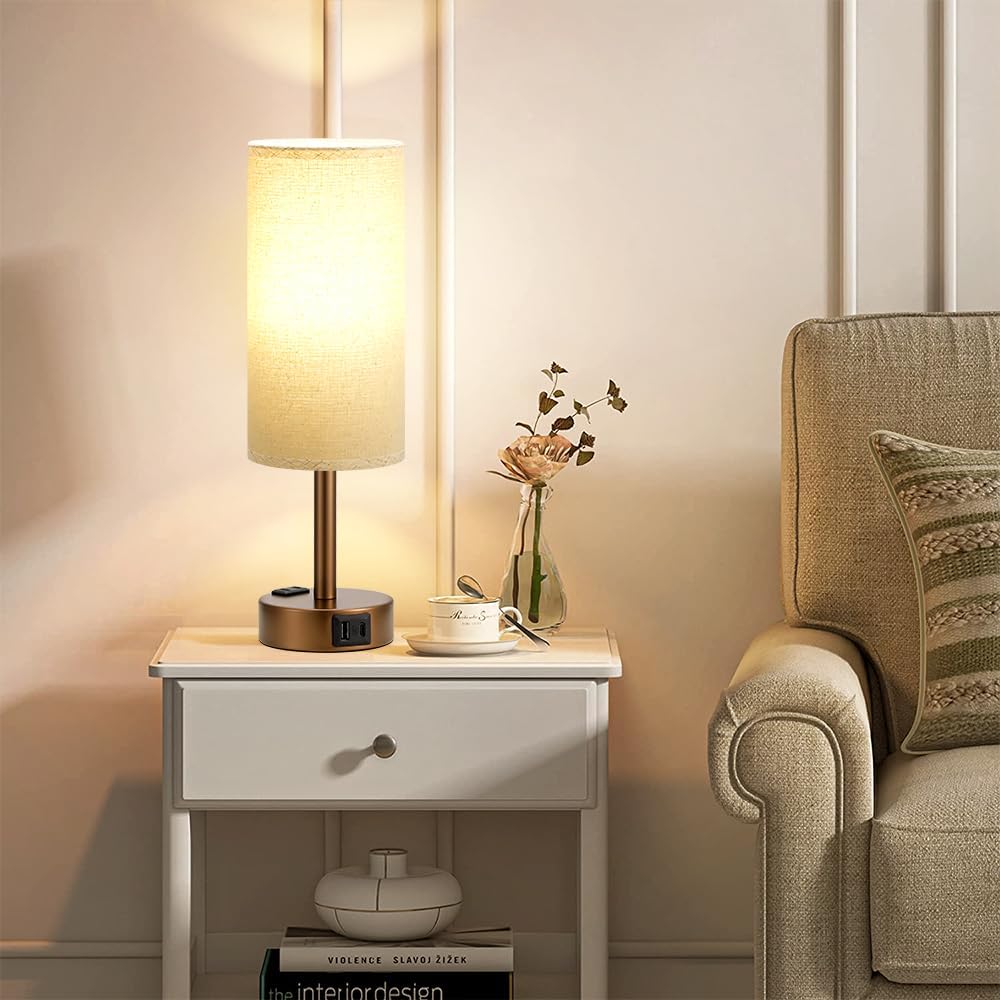 Fenmzee Brown Bedside Table Lamp for Bedroom - 3 Way Dimmable Touch Lamp USB C Charging Ports and AC Outlet, Small Lamp Round Flaxen…
