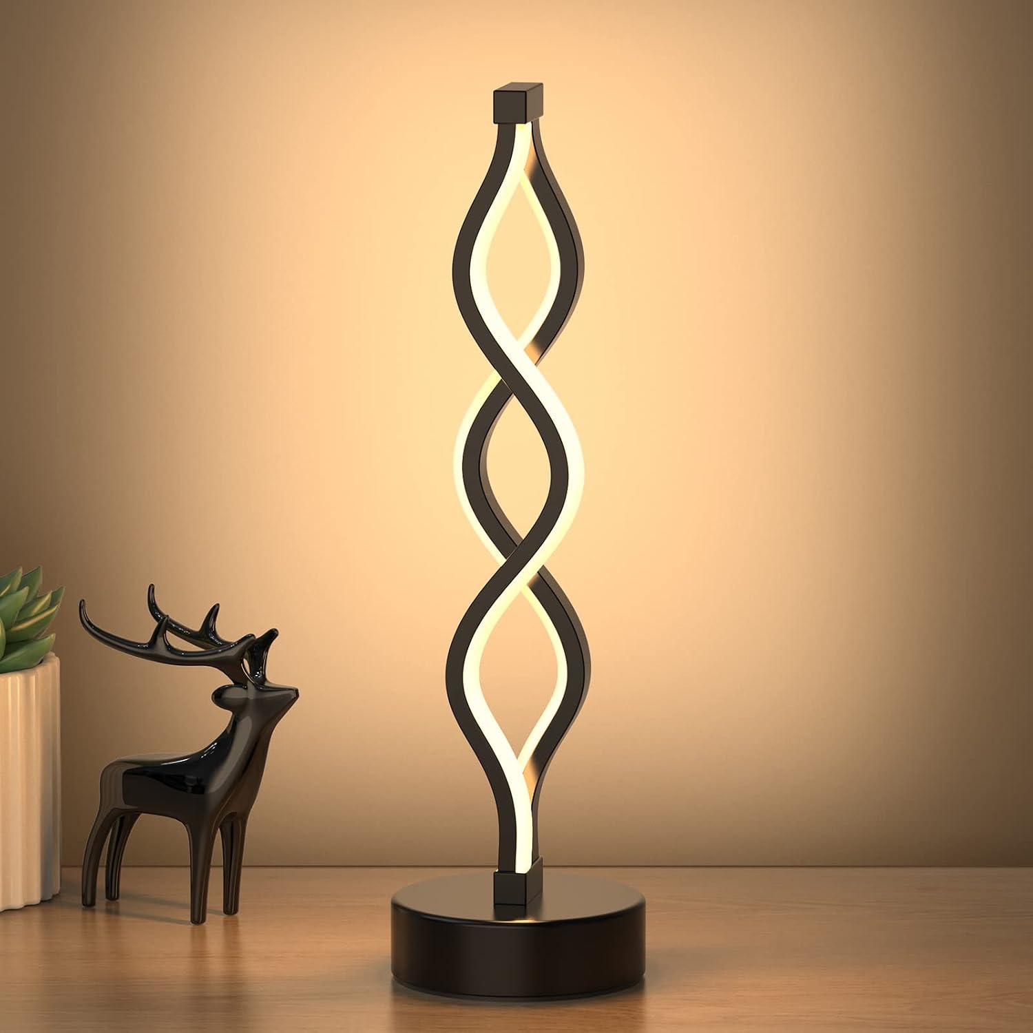 NUÜR Infinity Spiral LED Table Lamp Black, Dimmable Metallic Bedside Lamp with Touch Controller, 3 Colour Temperature, 15.8 Inch Height…