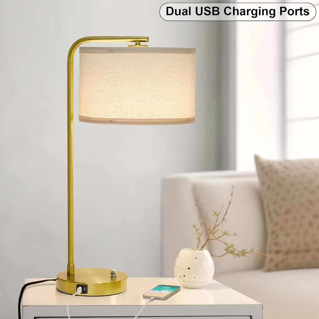 Fully Dimmable Bedside Lamp with C+A USB Ports, Mordern Gold Nightstand Lamp Desk Reading Lamp with Beige Drum Shade, Tall Side Table…