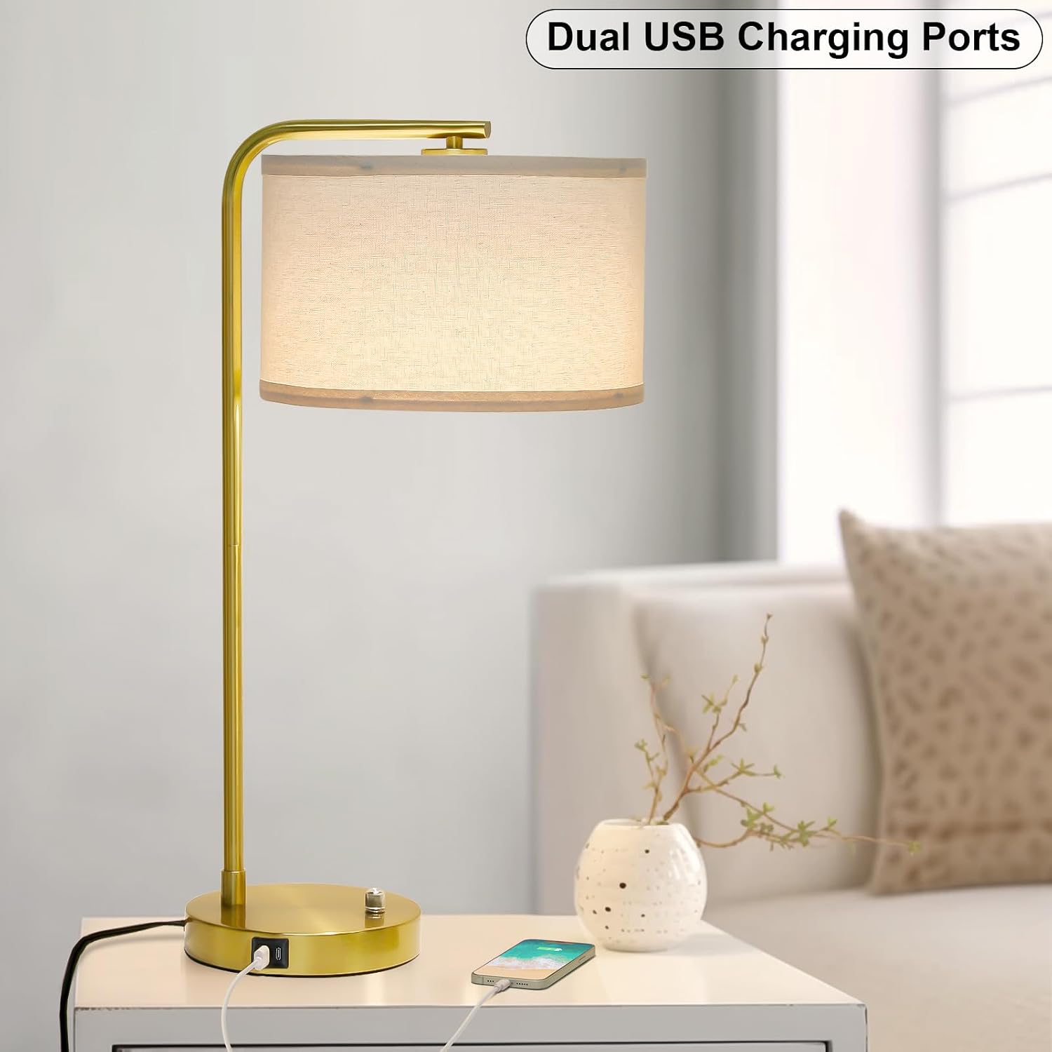 Fully Dimmable Bedside Lamp with C+A USB Ports, Mordern Gold Nightstand Lamp Desk Reading Lamp with Beige Drum Shade, Tall Side Table…