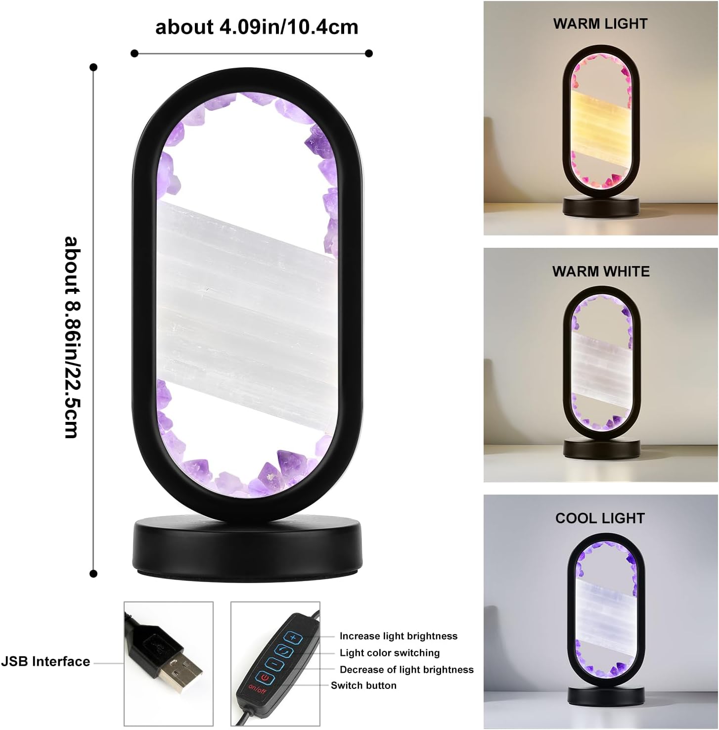 Natural Amethyst and Selenite Crystal Healing Night Table Lamp –3-Color Dimmable Mood Lighting for Meditation Relaxation and Restful…