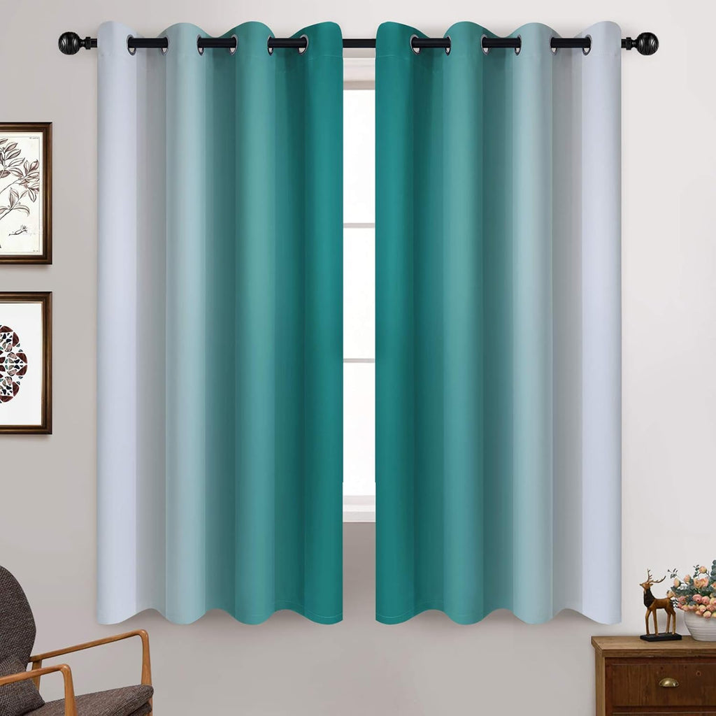Yakamok Teal and Greyish White Ombre Curtains 63 Inch Length, Light Blocking Gradient Color Curtains, Room Darkening Thermal Insulated Grom…