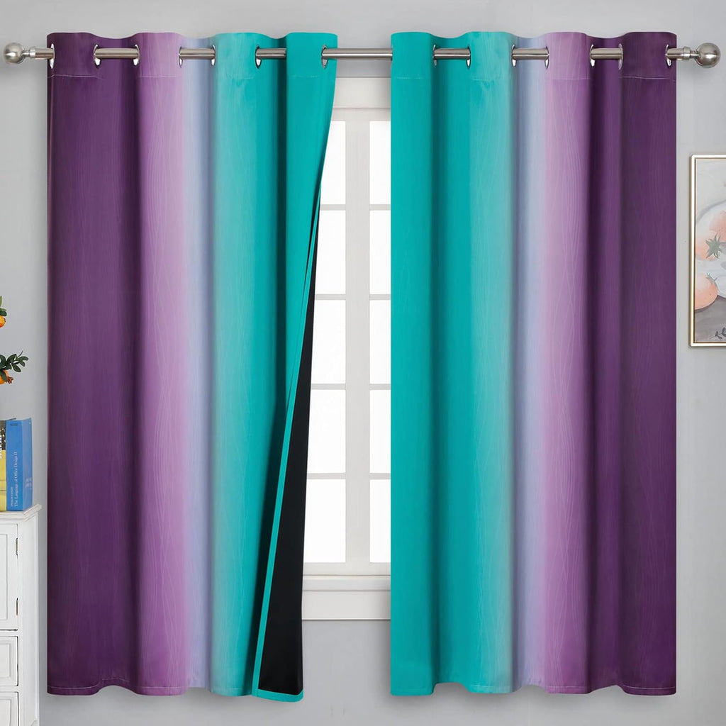 Estelartextiler Teal and Purple Gradient Curtains 63 Inch Length 2 panels, Ombre and Wavy Line Pattern Blackout Curtains for Kids Room, Ful…