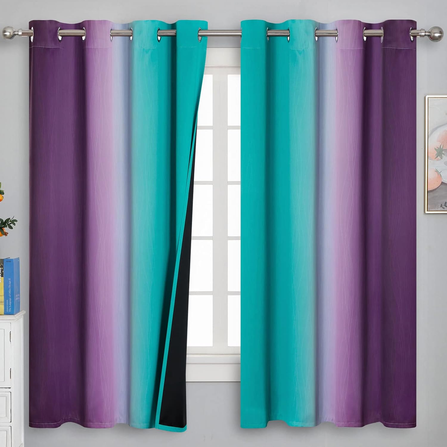 Estelartextiler Teal and Purple Gradient Curtains 63 Inch Length 2 panels, Ombre and Wavy Line Pattern Blackout Curtains for Kids Room, Ful…
