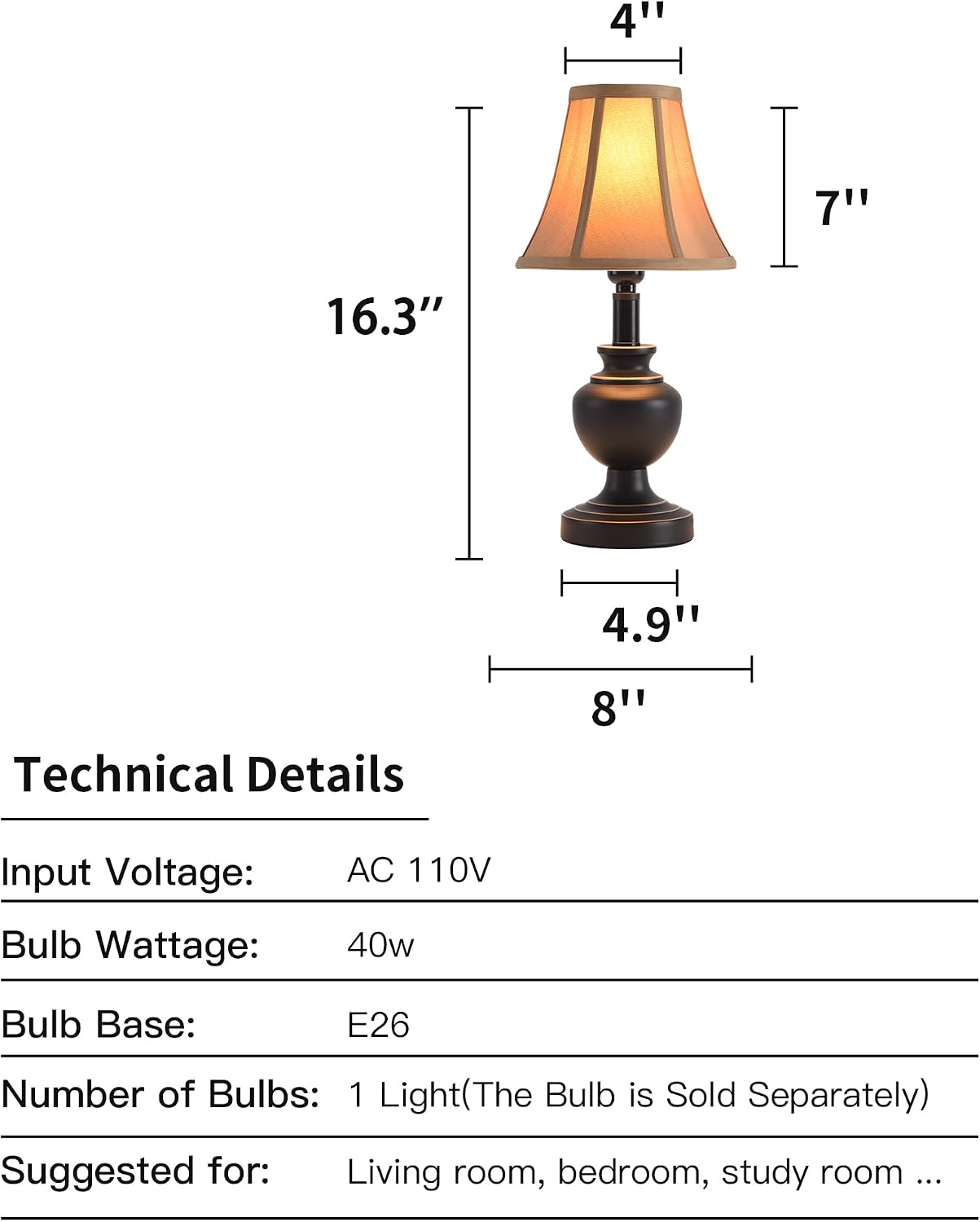 Traditional Table Lamp, Desk Lamp for Living Room with Fabric Shade, Vintage Bedside Lamp Black Finish for Bedroom Nightstand Office…