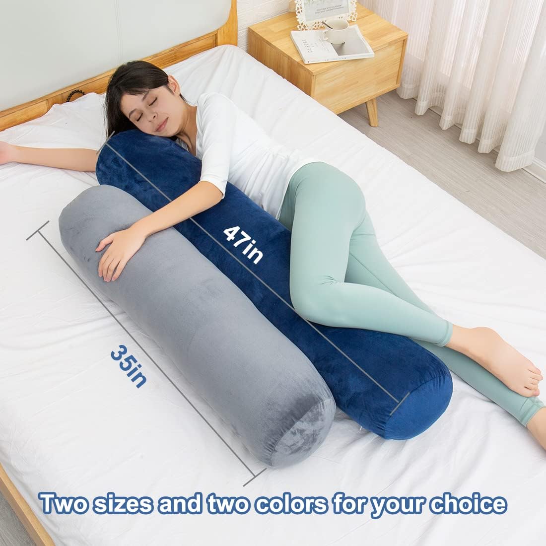 1 MIDDLE ONE Body Pillow for Adults, Bolster Pillow with Removable Velvet Cover, Long Round Cervical Roll Pillow, 47 x 7.87 Inches, Grey