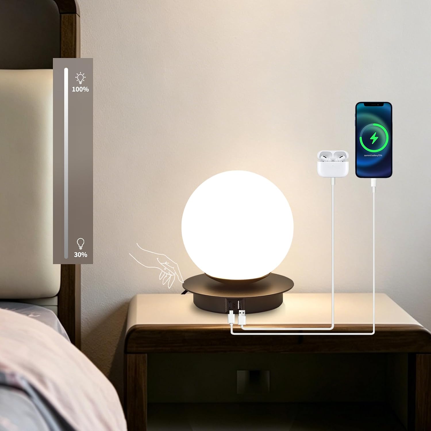 Touch Bedside Table Lamp, Matte Black Modern Small Nightstand Lamp for Bedroom Living Room Kids Room, Milky White Globe Glass Desk Lamp…