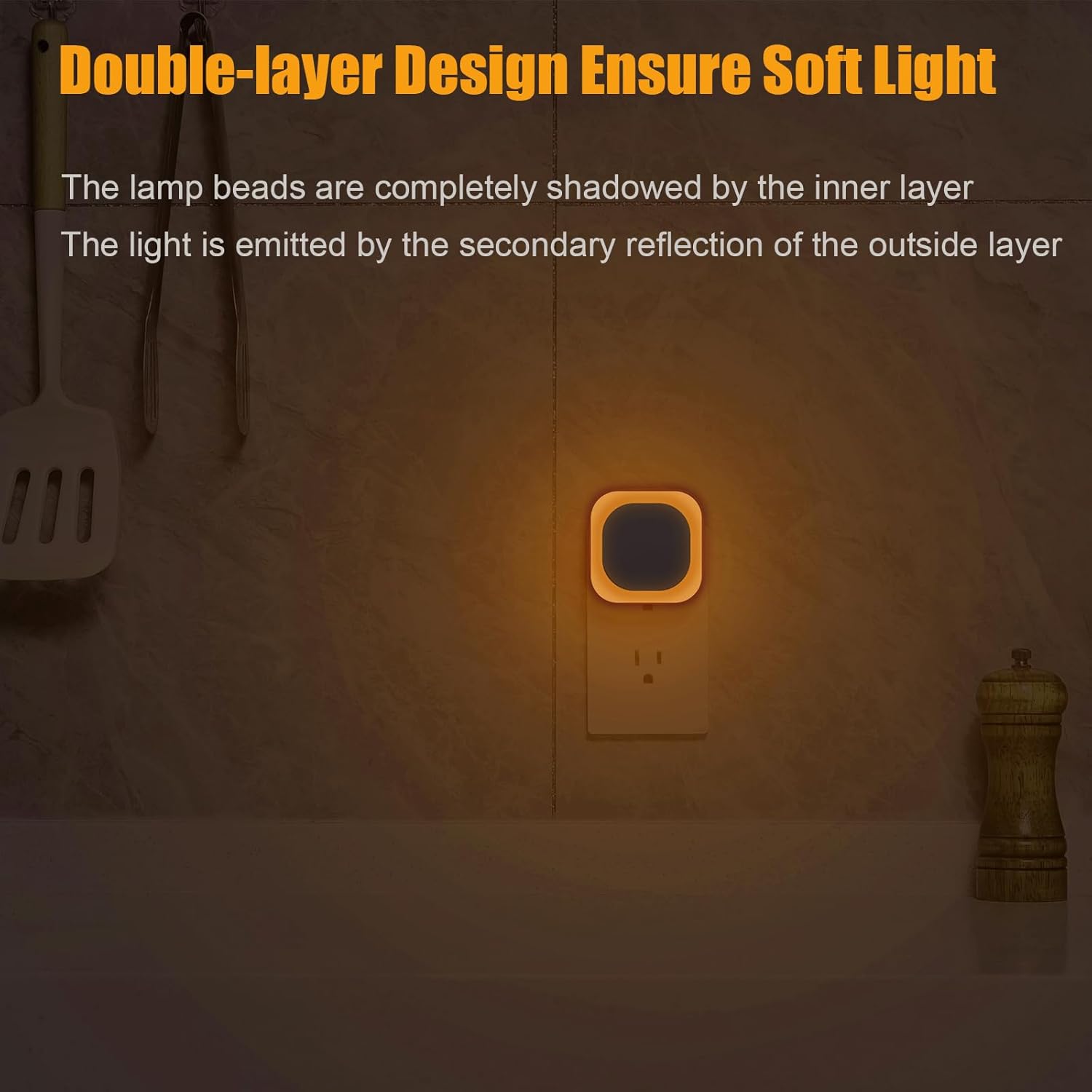 YUNLEX 2 Pack Amber Night Light, Dusk to Dawn Sensor, Warm Glare-Free Reflected Glow, 3-Level Dimmer, Auto On/Off, Plug-in LED Nightlight…