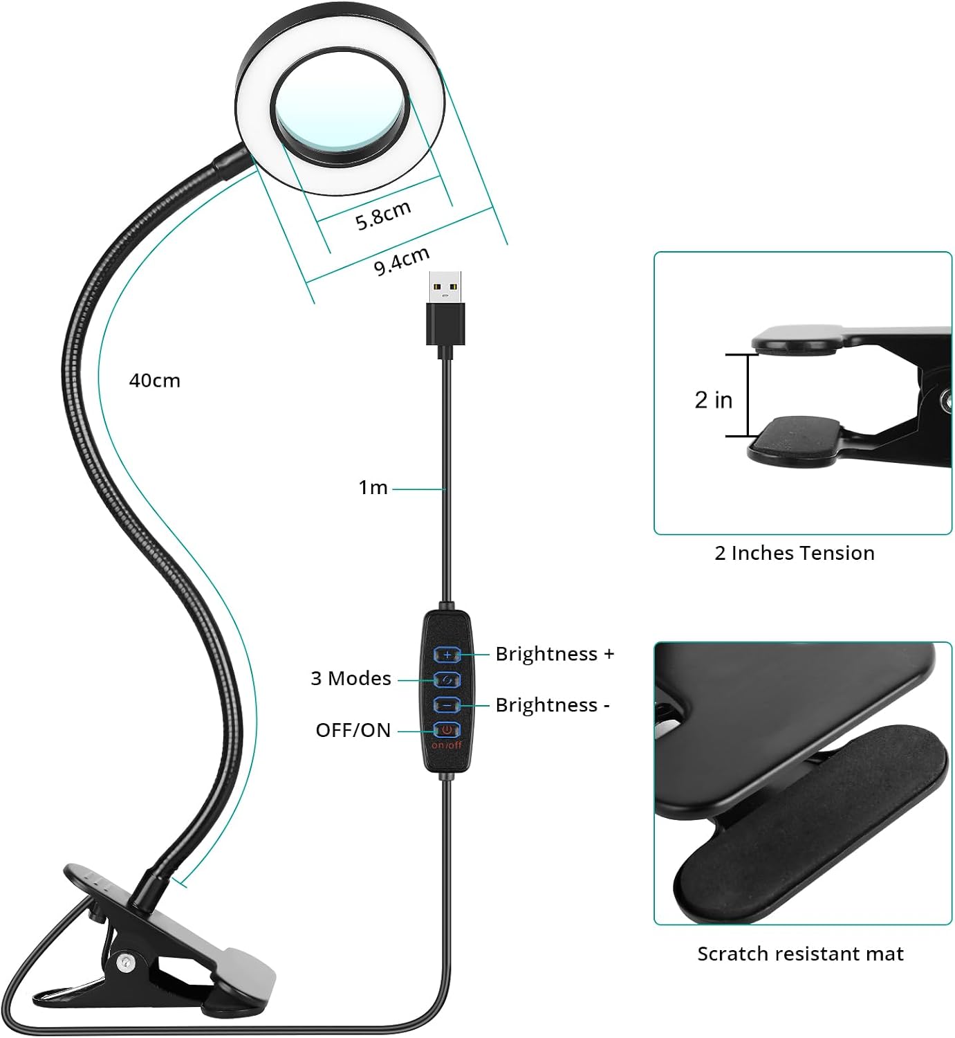 Woputne Desk Lamp with 5X Magnifying Glass,3 Color Modes 10 Brightness Levels, Reading Light Eye-Caring, Flexible Gooseneck Clip On Light…