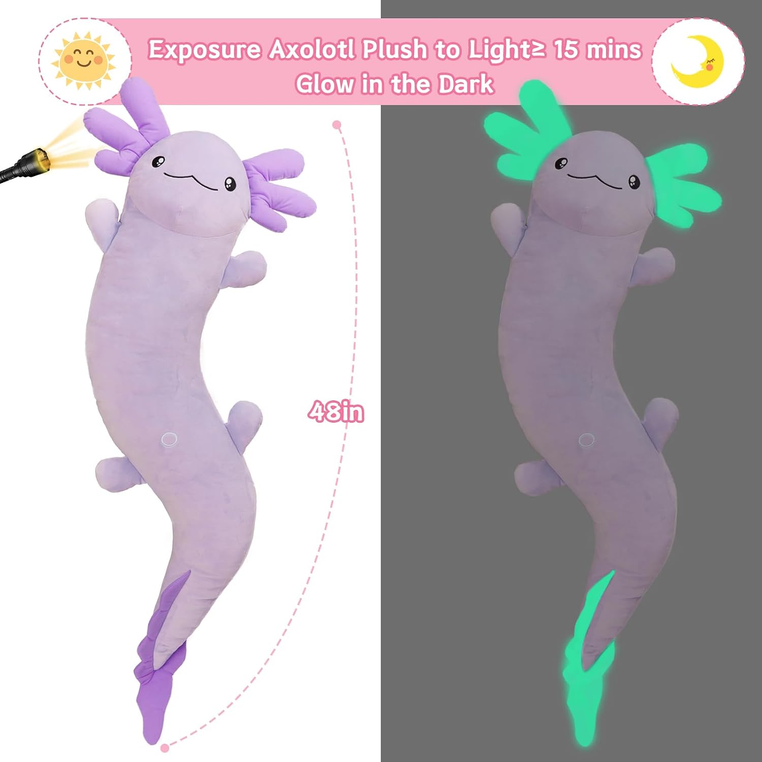 MaoGoLan Giant Axolotl Plush Toy Stuffed Animal, Huge Axolotl Body Pillow for Kids Girl Boy, Long Purple Salamander Plush Glow in The…