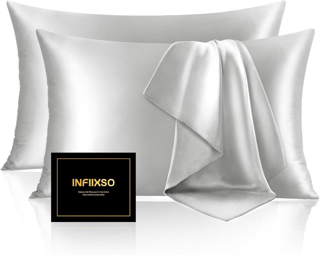 Infiixso Mulberry Silk Pillowcase for Hair and Skin, Silk Pillow Cases Queen Size Set of 2 with Hidden Zipper 20x30 Inches, Ultra Soft Cool…