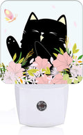 Black Cat and Flowers Night Light, Plug Into Wall for Boys Girls Bedroom Decorative Square Night Light Lamp 0.5w Sleep Friendly