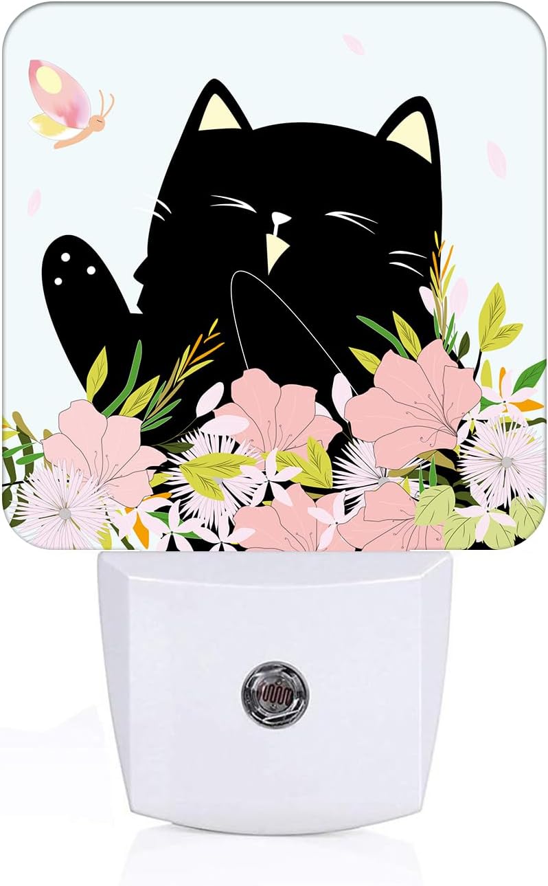 Black Cat and Flowers Night Light, Plug Into Wall for Boys Girls Bedroom Decorative Square Night Light Lamp 0.5w Sleep Friendly