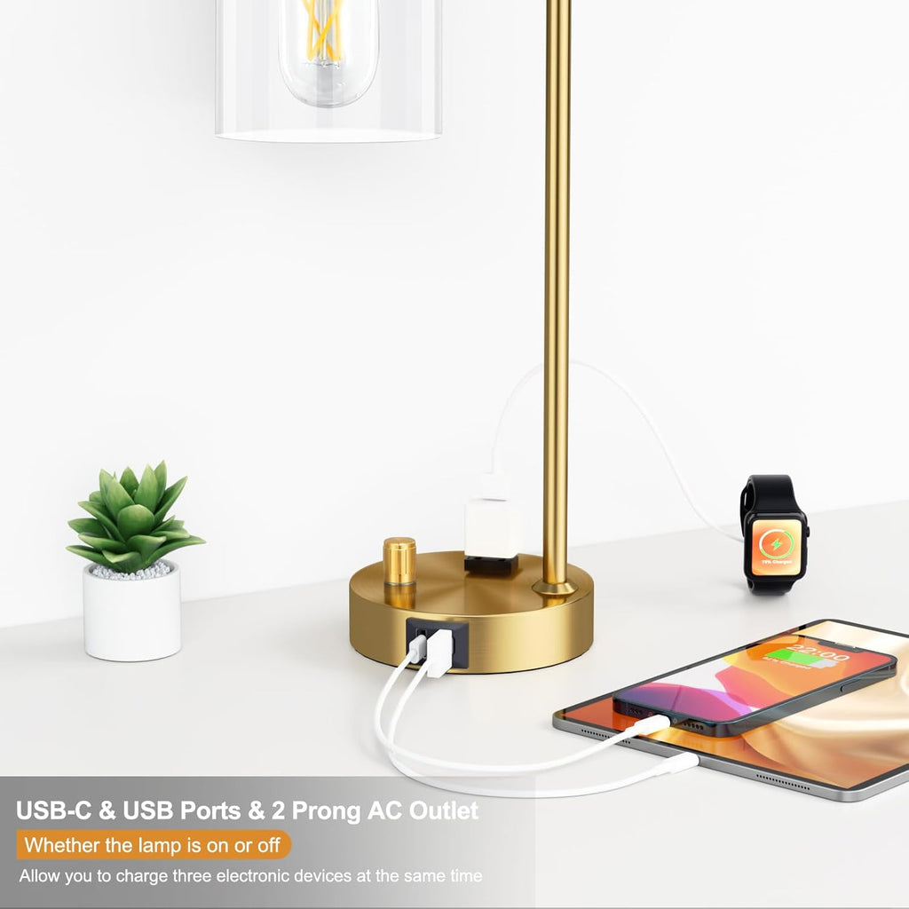 Innqoo Gold Table Lamp for Bedroom - Industrial Bedside Lamp with USB Port and Outlet, Fully Dimmable Nightstand Lamp with Clear Glass…