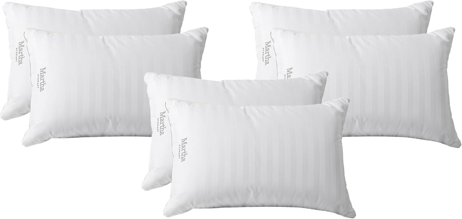 Martha Stewart Feather Down Pillow, Medium Soft, Queen | 100% Cotton | 500 Thread Count | Damask Stripe | Set of 2, Pack of 3