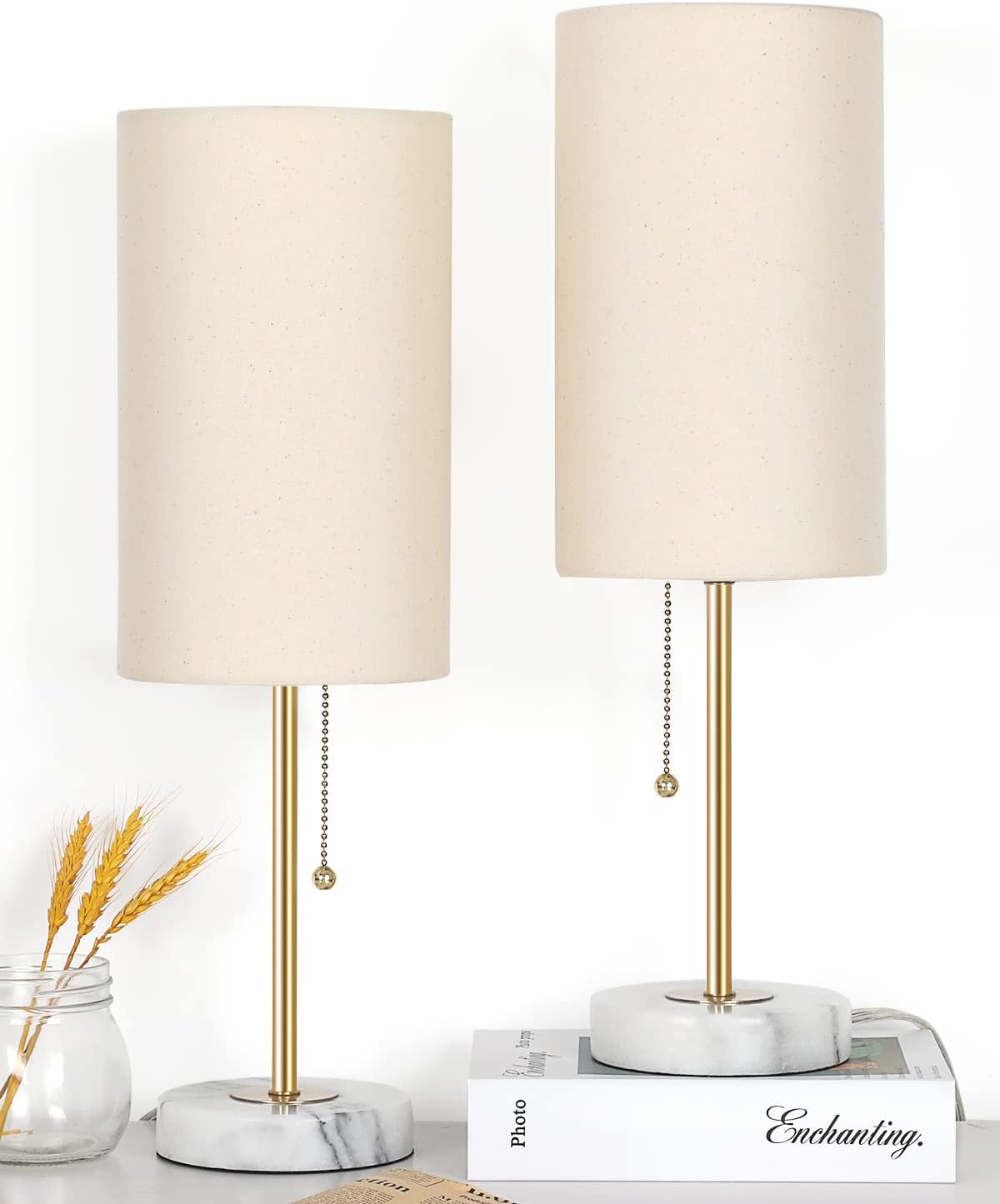 JUNNAI 18.5" Desk Lamp & Table Lamp Set of 2, Skinny Bedside Lamp with Marble Base, Pull Chain Switch, 3-Way Dimmable, Linen Fabric…