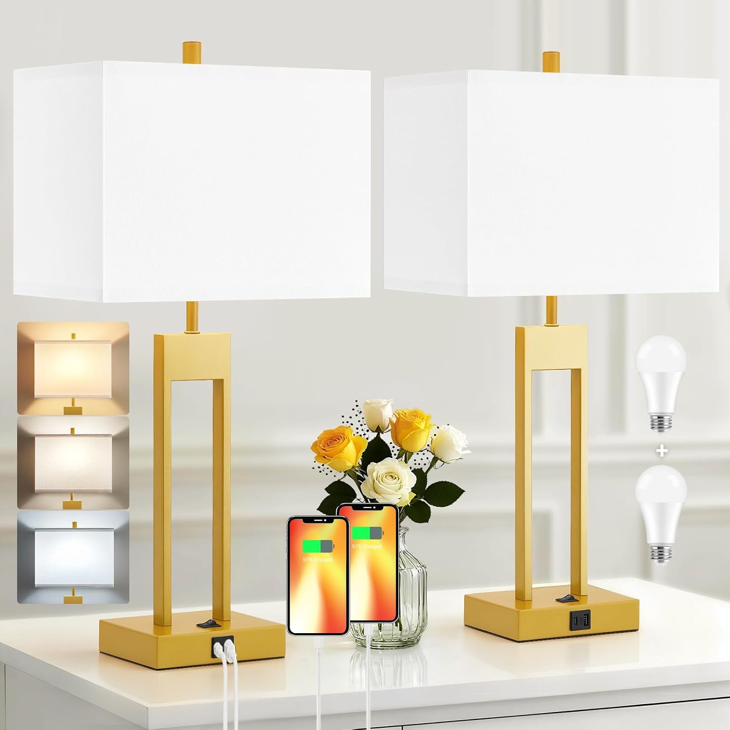 GyroVu Extra Large 25.5" Nightstand Table Lamps for Bedrooms Set of 2, Bedside Lamp with USB C+A, Colors Changeable Living Room Lamp…