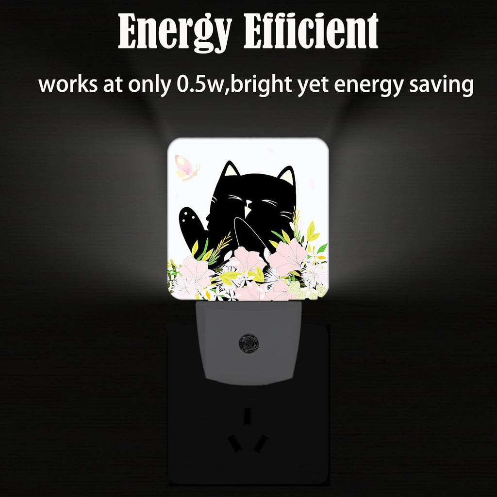 Black Cat and Flowers Night Light, Plug Into Wall for Boys Girls Bedroom Decorative Square Night Light Lamp 0.5w Sleep Friendly