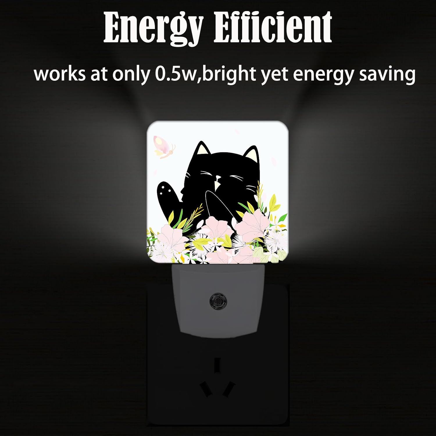 Black Cat and Flowers Night Light, Plug Into Wall for Boys Girls Bedroom Decorative Square Night Light Lamp 0.5w Sleep Friendly