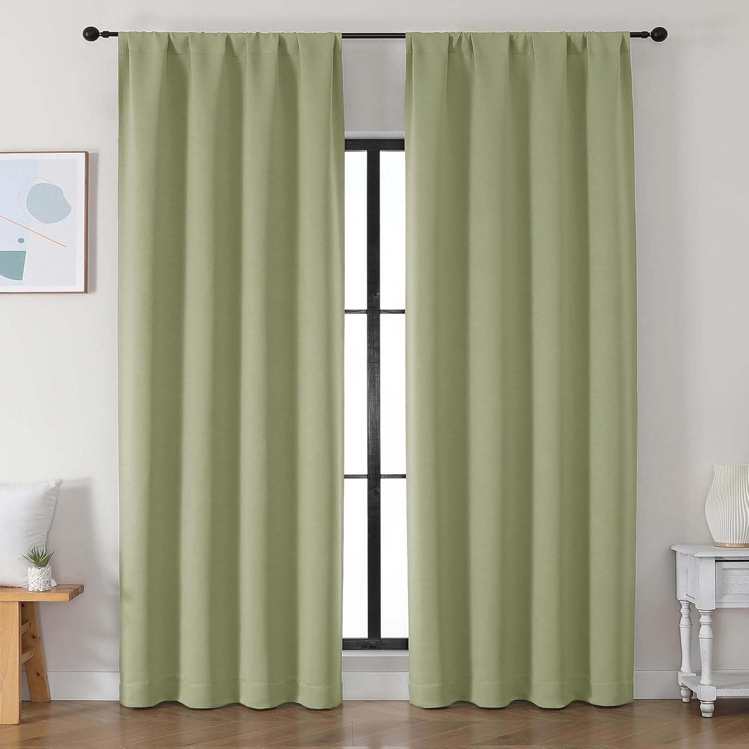 Simplebrand Ava Sage Green Blackout Curtains for Bedroom 90 Inches Long 2 Panels Set, Solid Privacy Energy Saving Living Room Window Treatm…