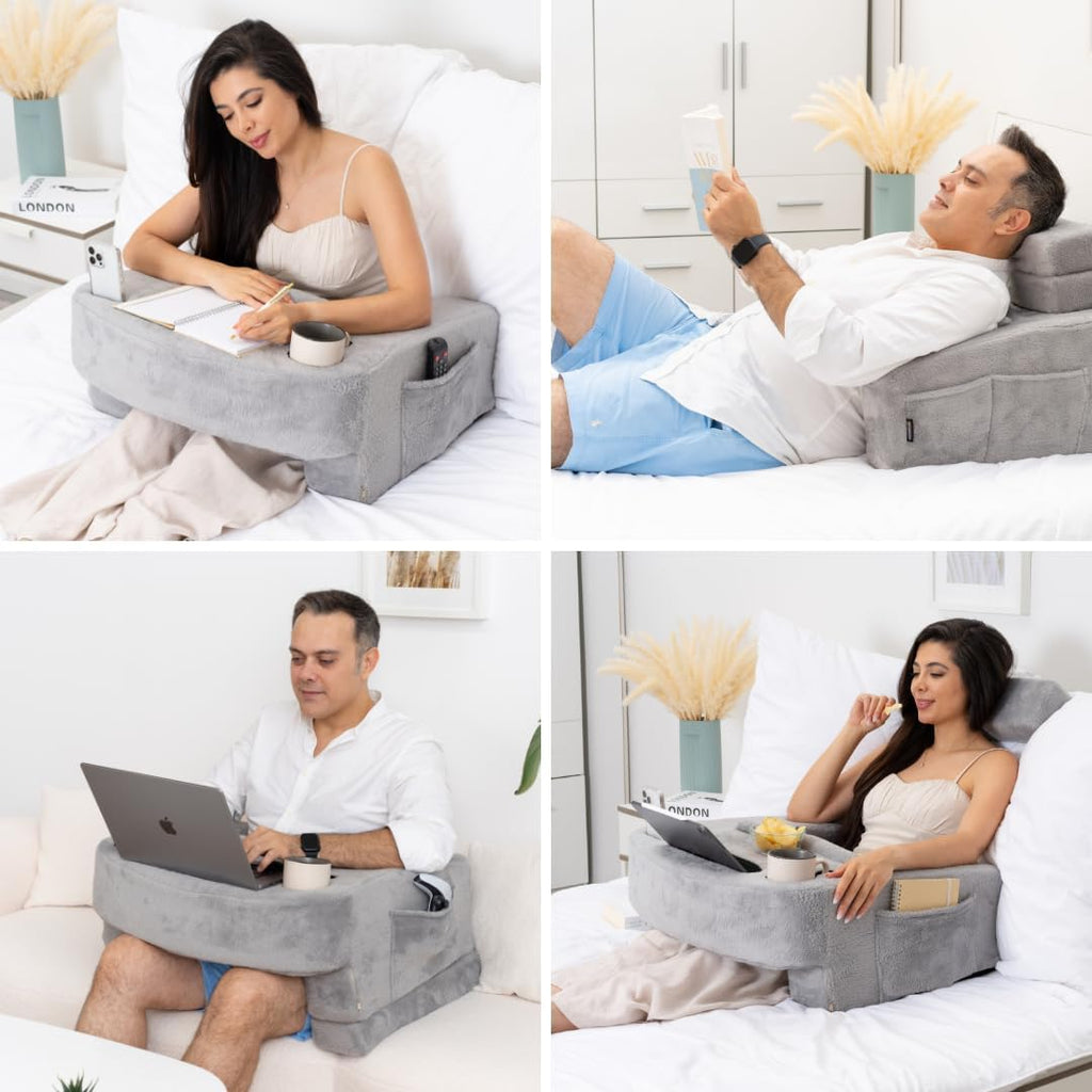 Reading Pillow for Gaming – Extra Large Lap Desk & Arm Rest with Cup & Phone Holder, Adjustable Heights, Laptop Support, Large Pockets –…