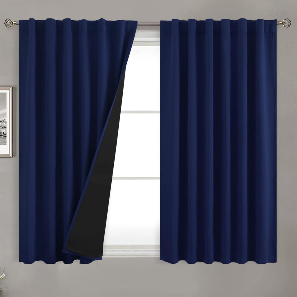 BGment Navy Blue 100% Blackout Curtains 54 Inches Long with Black Liner, Rod Pocket and Back Tab Double Layer Full Room Darkening Thermal…