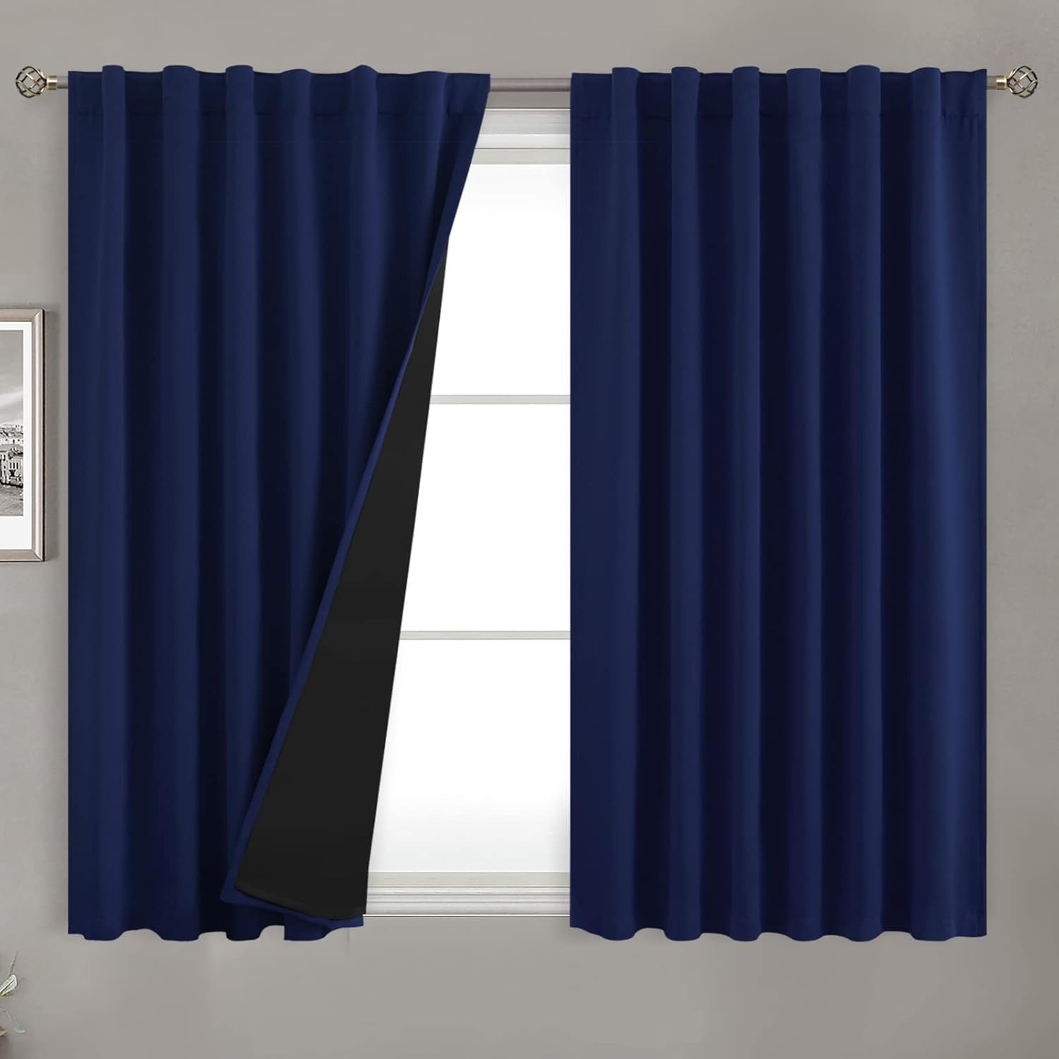 BGment Navy Blue 100% Blackout Curtains 54 Inches Long with Black Liner, Rod Pocket and Back Tab Double Layer Full Room Darkening Thermal…