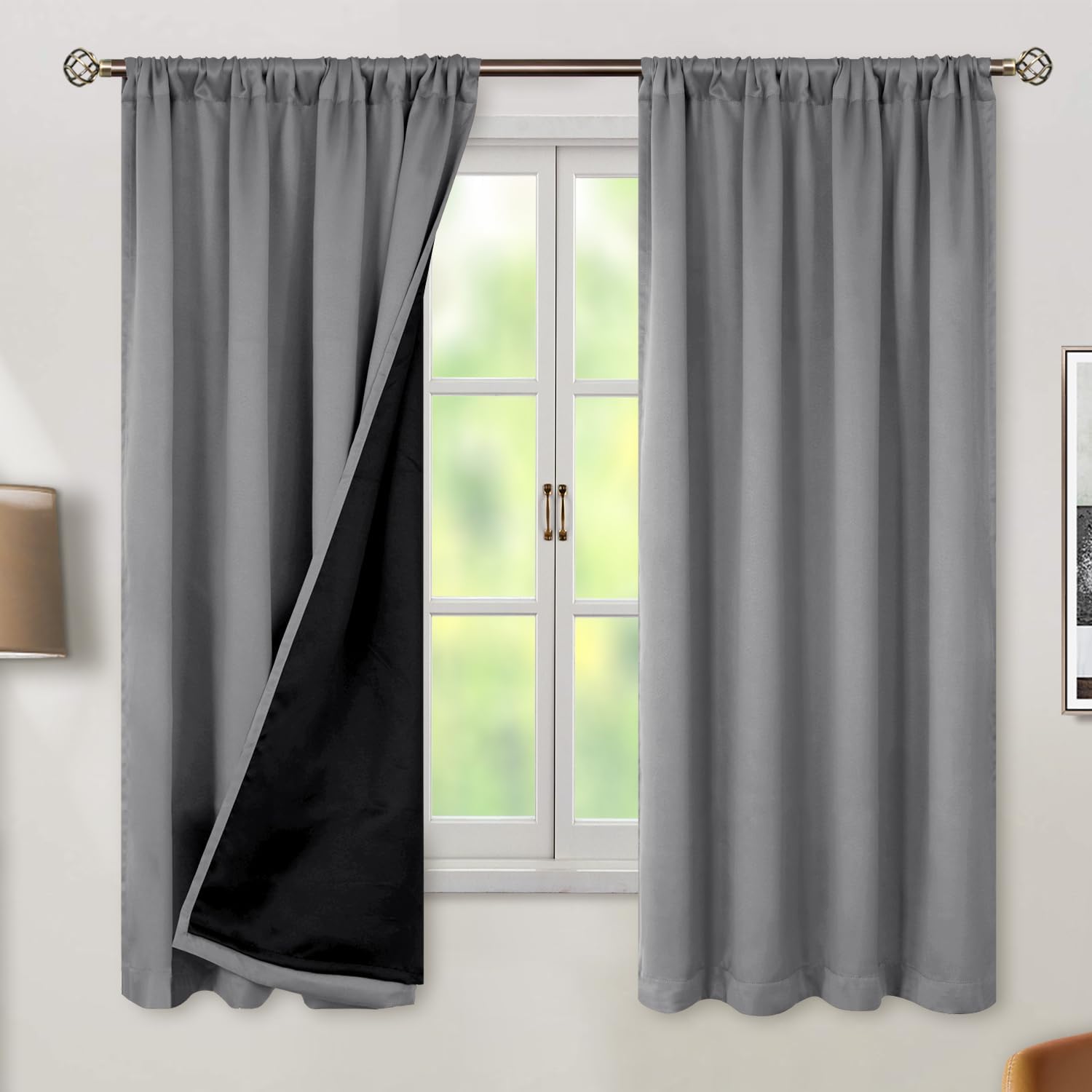 BGment Dove Grey 100% Blackout Curtains 63 Inch Length with Reducing Noise Liner, Rod Pocket and Back Tab Double Layer Full Room…