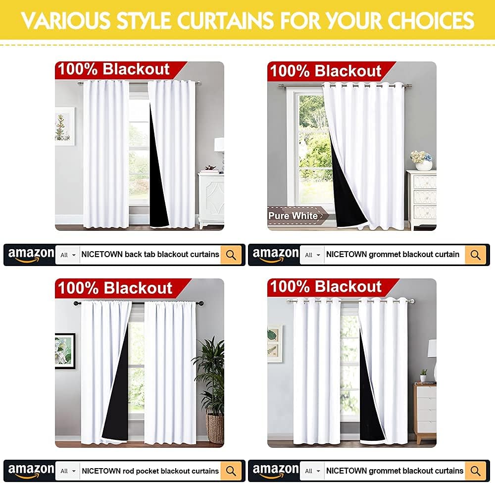 Nicetown White 100% Blackout Lined Curtains, 2 Thick Layers Completely Blackout Window Treatment Thermal Insulated Drapes for Kitchen/Bedro…