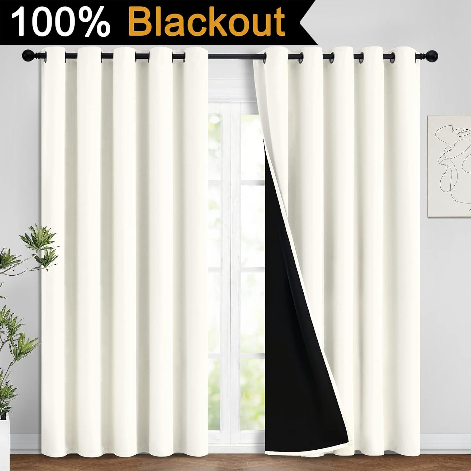 Yakamok 100% Cream Blackout Curtains for Bedroom, Light Blocking Thermal Insulated Noise Reducing Blackout Drapes for Living Room(62Wx96L,…