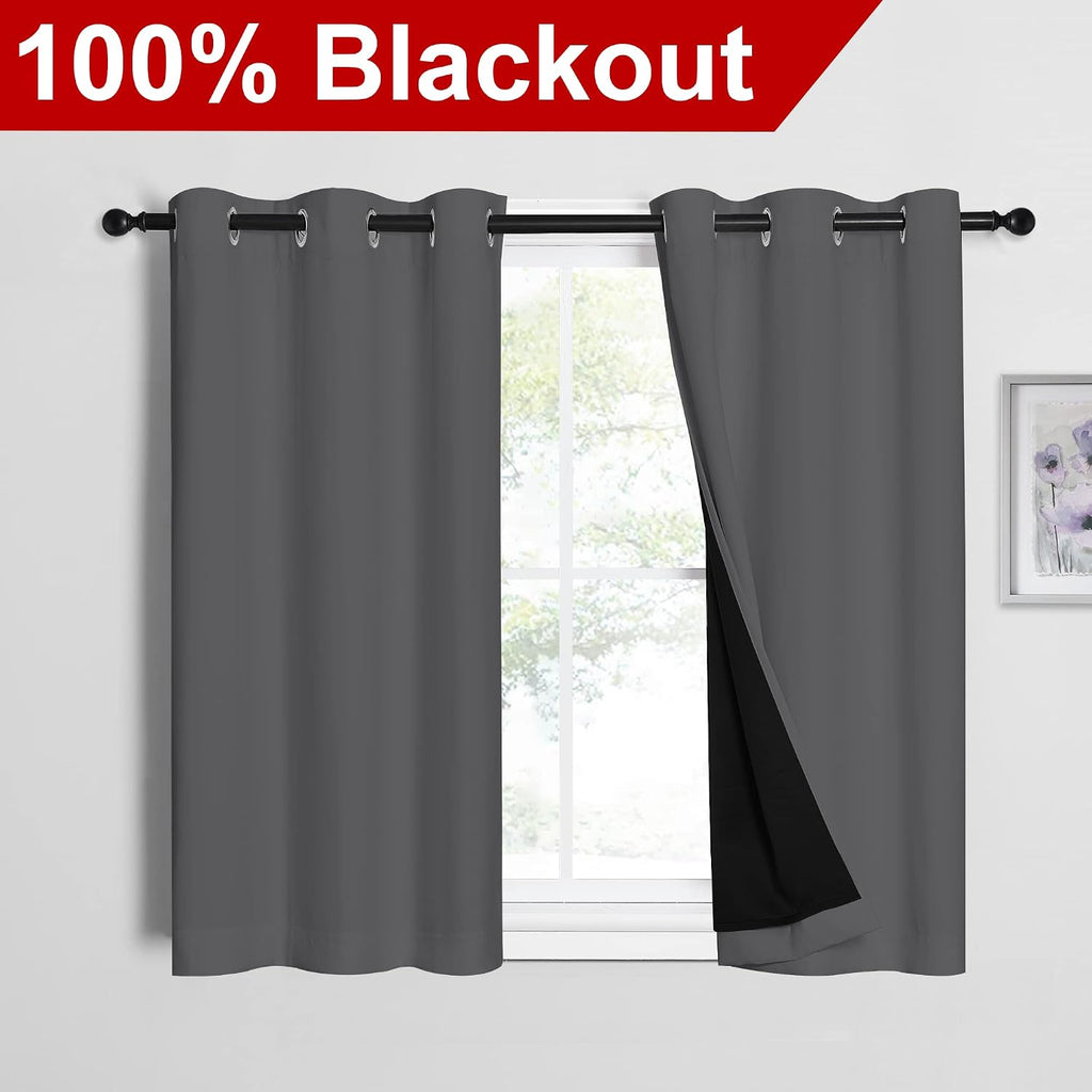 Nicetown Grey 100% Blackout Room Warming Curtains 45 inches Long, Thermal Insulated Full Blackout 2-Layer Lined Curtains, Energy Efficiency…