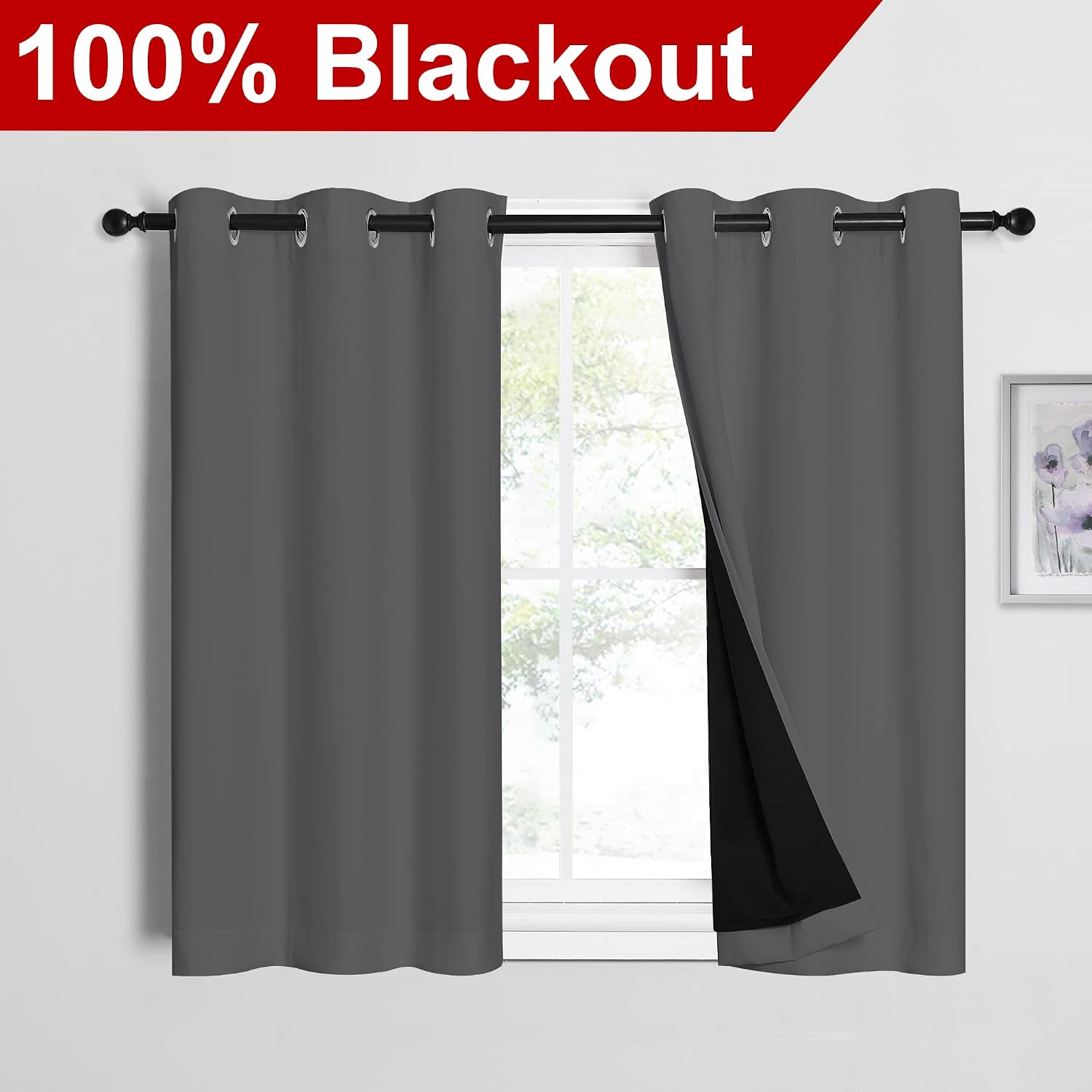 Nicetown Grey 100% Blackout Room Warming Curtains 45 inches Long, Thermal Insulated Full Blackout 2-Layer Lined Curtains, Energy Efficiency…