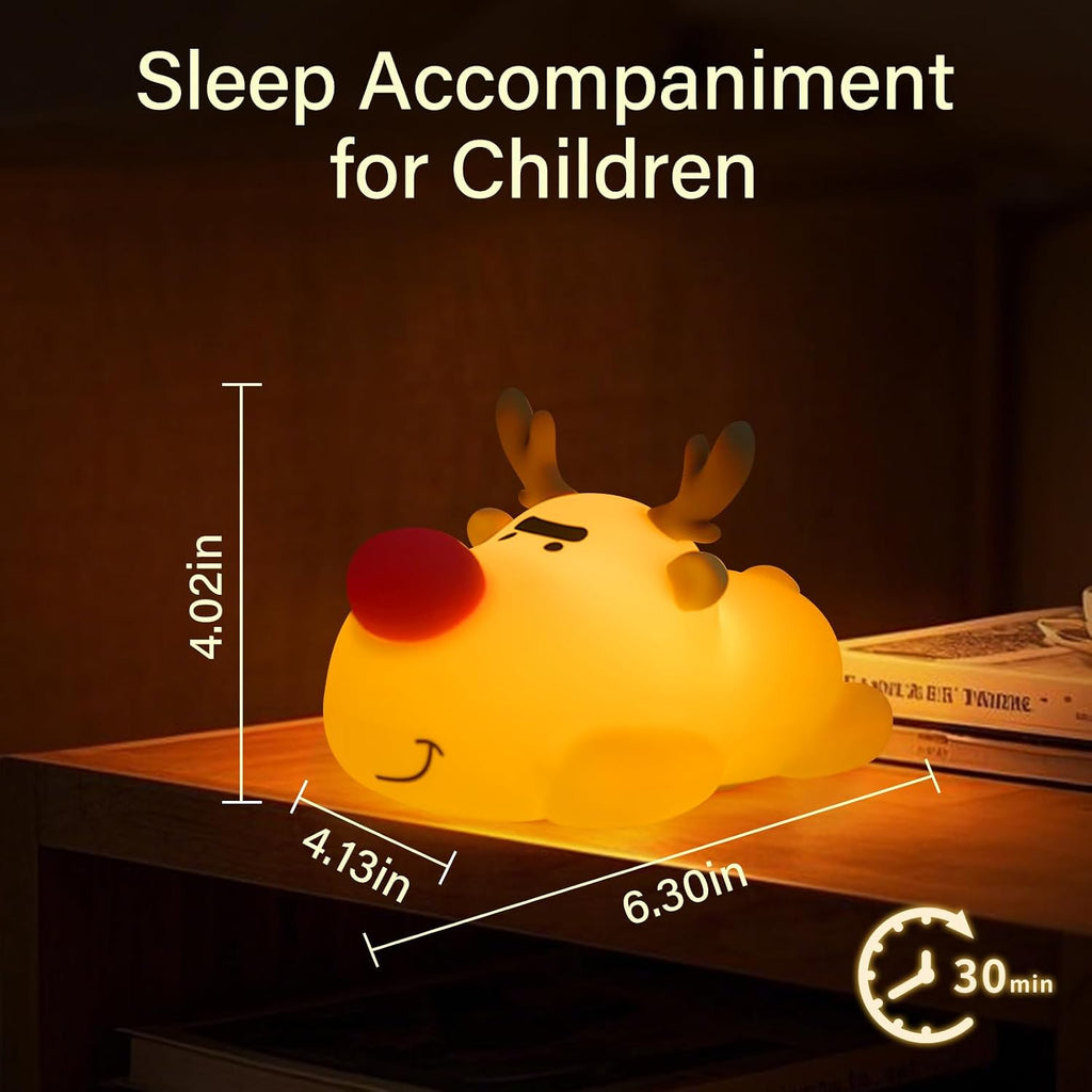 Reindeer Night Light, Soft Squishy Silicone Kids Nightlight, 3 Level Dimmable Touch Lamp with Timer, 1200mAh USB Rechargeable Baby…