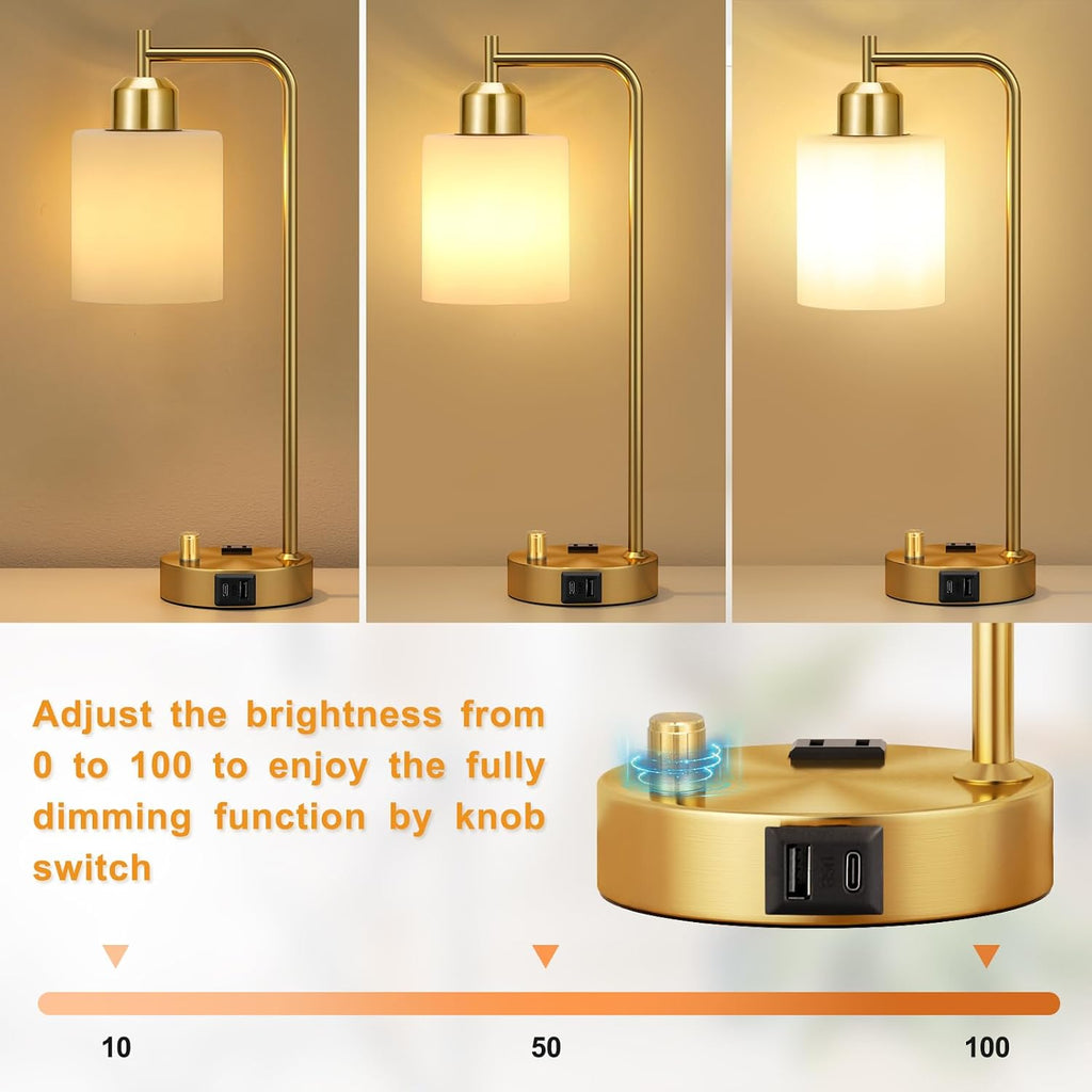 Innqoo Gold Lamp for Bedroom - Industrial Bedside Table Lamp with USB Port and Outlet, Fully Dimmable Nightstand Lamp with Opal Glass…
