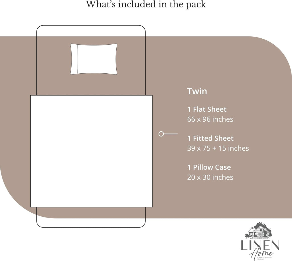 Linen Home 100% Cotton Percale Sheets Twin Size, Earthy Brown, Deep Pocket, 3 Pieces Set - 1 Flat, 1 Deep Pocket Fitted Sheet and 1…