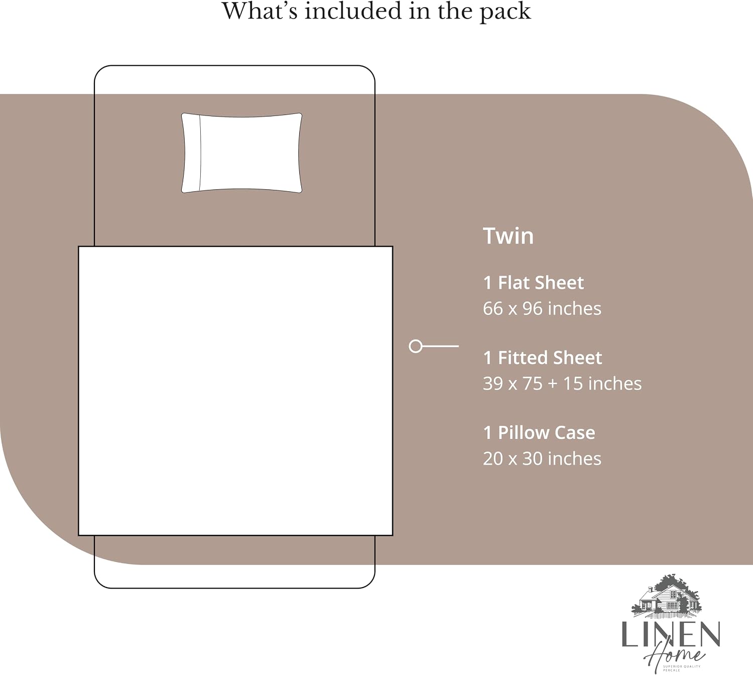 Linen Home 100% Cotton Percale Sheets Twin Size, Earthy Brown, Deep Pocket, 3 Pieces Set - 1 Flat, 1 Deep Pocket Fitted Sheet and 1…