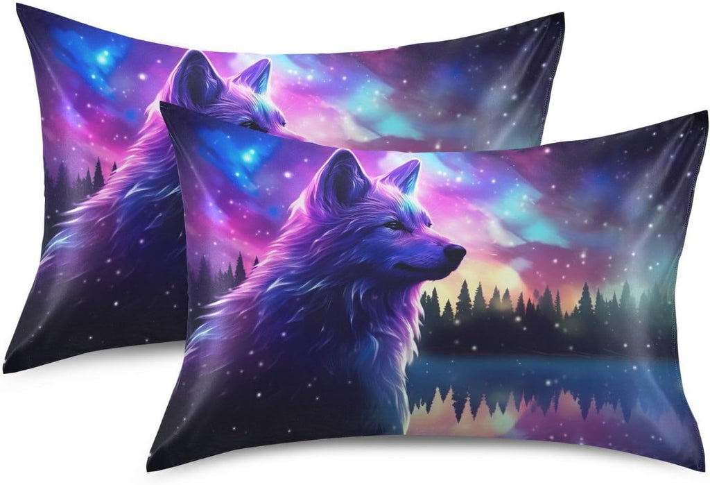 Stars Wolf Pillow Covers Silk Pillowcase for Hair and Skin Breathable Soft Satin Pillowcase Standard Size Pillow Case for Women Girls…