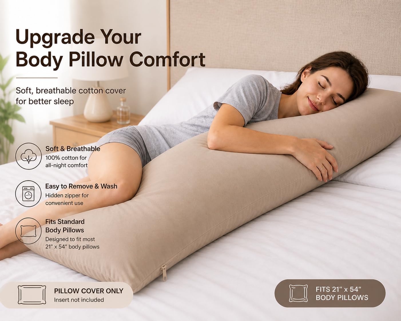 Evolive 100% Cotton Body Pillow Cover 21"x54", 300 Thread Count Soft Breathable Pillowcase with Hidden Zipper, Smooth Durable Replacement C…
