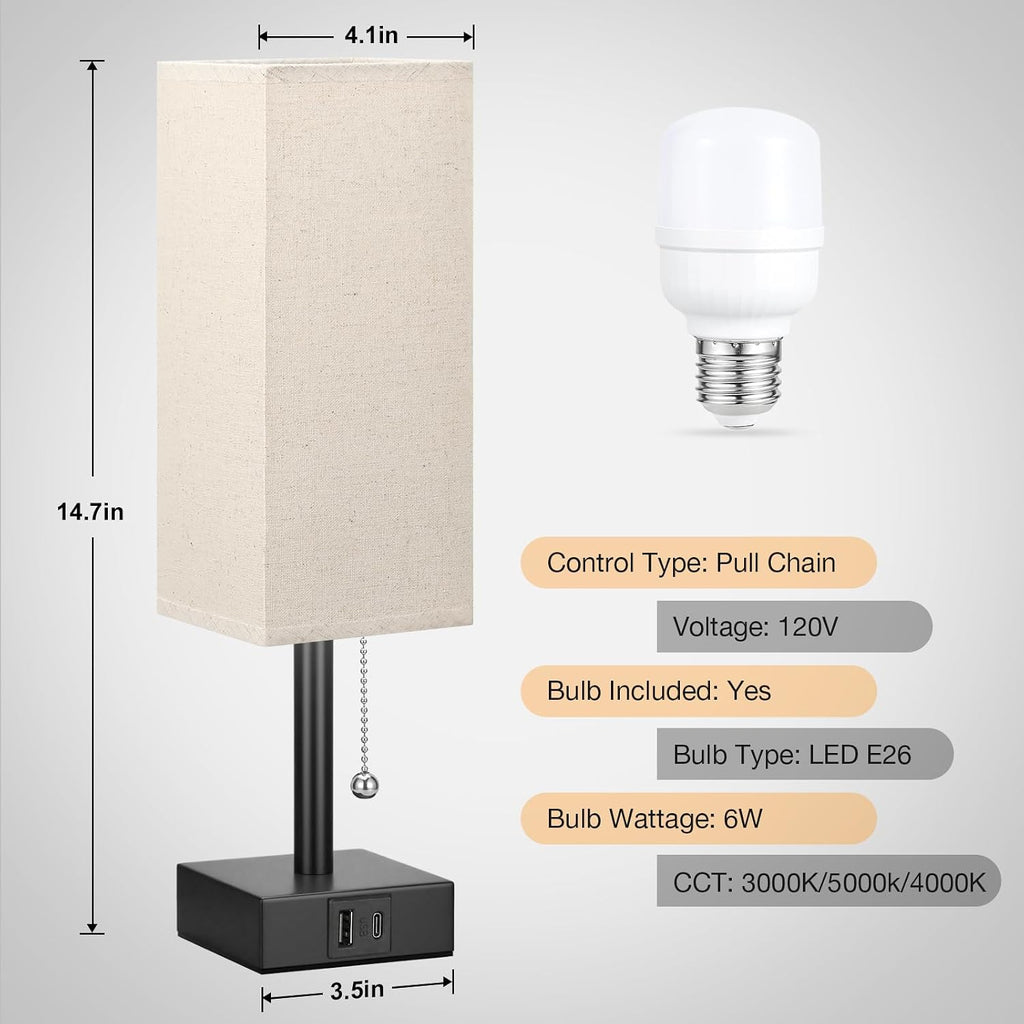Aooshine Small Linen Bedroom Lamp - 3 Color Temperature 3000K 5000K 4000K Bedside Lamp, Pull Chain Control, USB A and C Charging Ports, Bla…