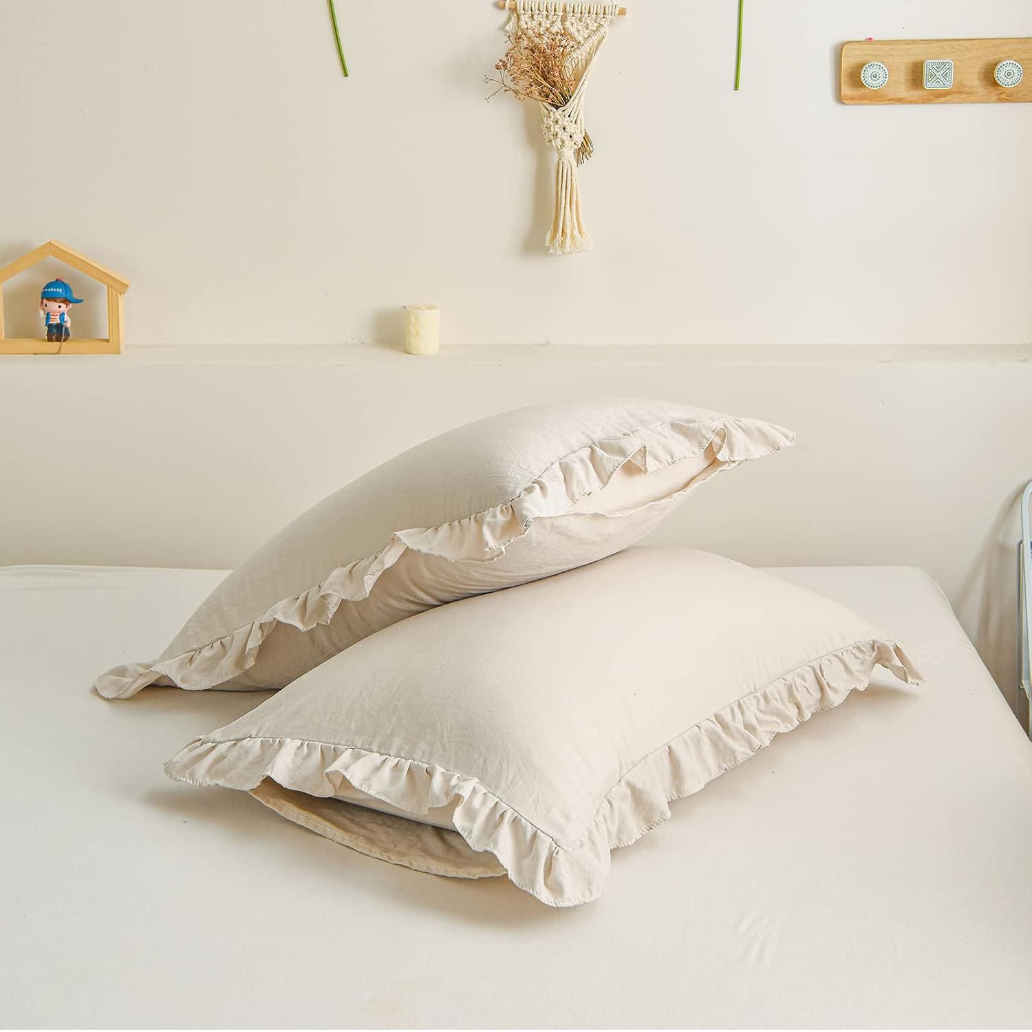 Merryword Cream King Ruffled Shams - Set of 2, Cute Solid Fringe Design, Beige Grey - Shabby Chic Pillowcases (King, 20''x36'') Grey