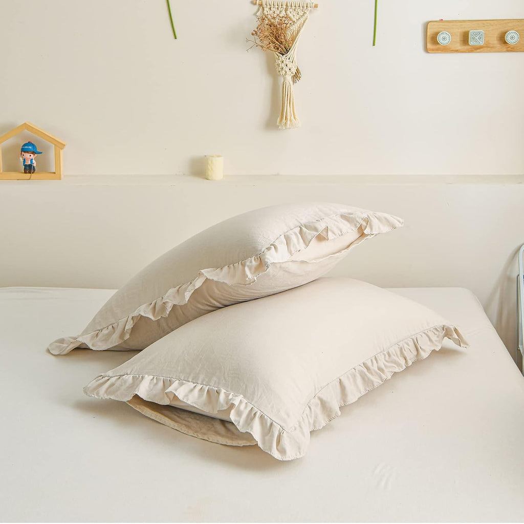 Merryword Beige Pillowcases Standard Ruffled Pillow Shams 20x26inch Beige Gray Ruffle Pillowcases Set of 2 Shabby Chic Pillow Cover Gray